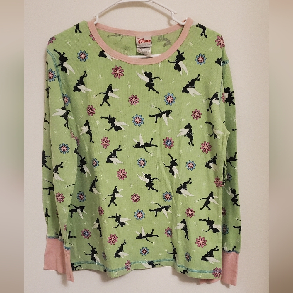Vintage 90s Y2K Disney Tinkerbell Green Waffle Knit Pajama Top Size XL